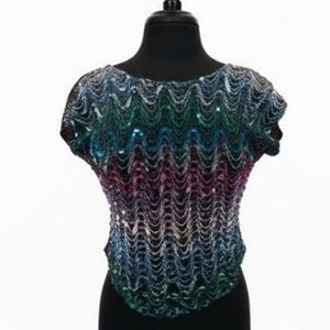 Vintage 70s Sequin Disco Top Small? Multicolor Sequins Blouse Hippie Boho